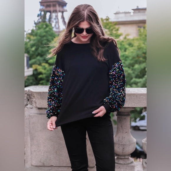 Lush Sweaters - Lush Black Multicolor Sequin Sleeve Holiday Celebration Crewneck Sweater Size M
